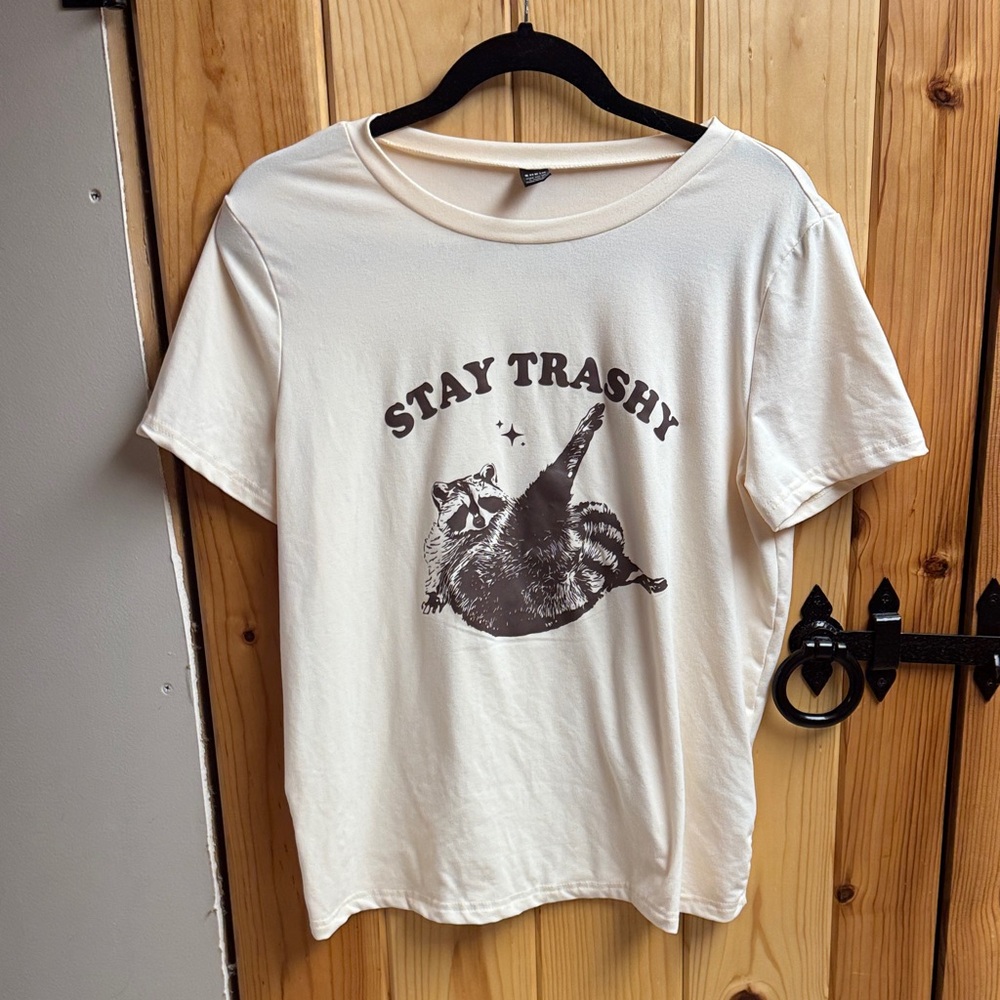 SHEIN Cream 'Stay Trashy' Raccoon Tee
